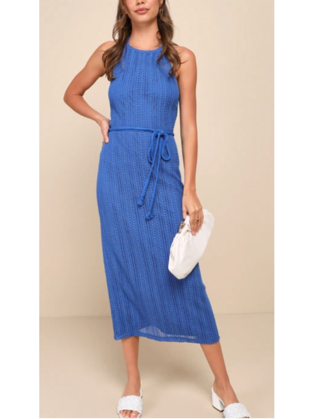 Lulus Sunny Impression Blue Crochet Halter Midi Dress Removable Belt NWT Small